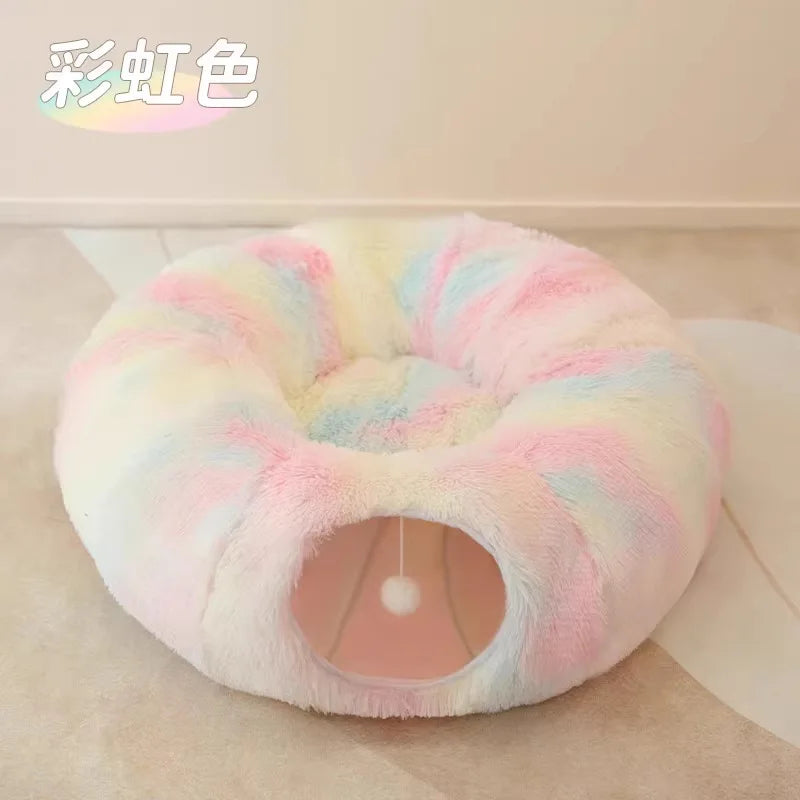 Foldable Plush Cat Tunnel Bed: Insulated Winter Cat Cave with Peek-Holes, Convertible Snuggle Pod for Indoor Cats