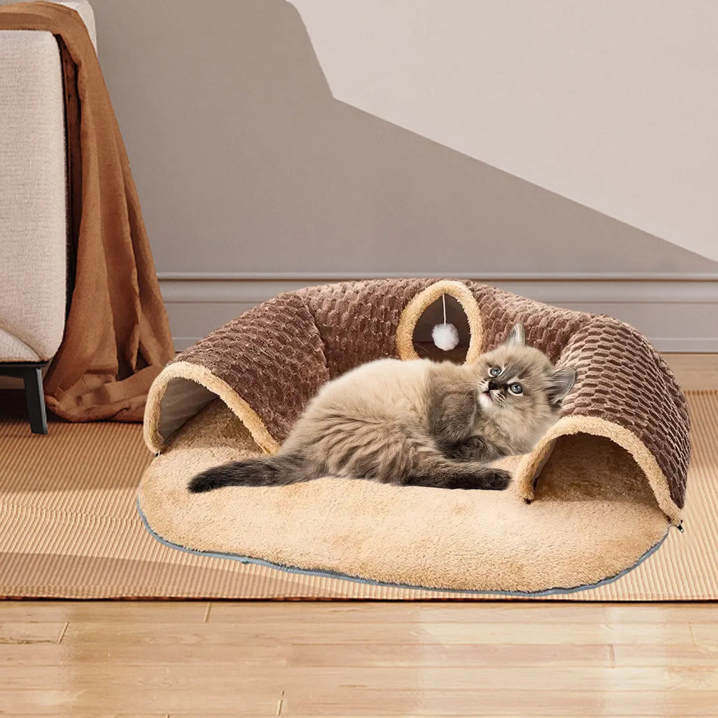 Cat Tunnel Rug Cat Activity Center Playing Ball Toys Cat Tunnel Bed Cat Carpet Tunnel for Outdoor Bunny Small Animals Kitten