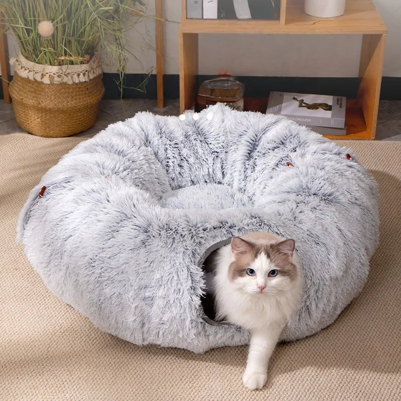 Foldable Plush Cat Tunnel Bed: Insulated Winter Cat Cave with Peek-Holes, Convertible Snuggle Pod for Indoor Cats