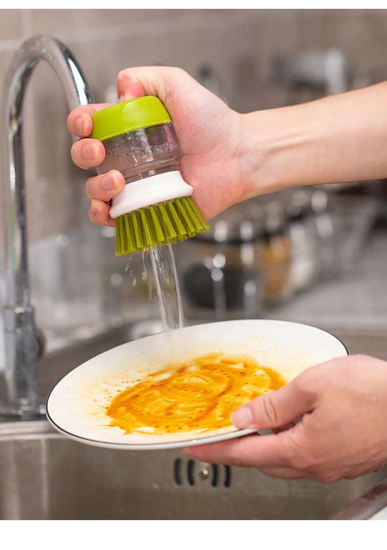Soap Dispensing Dish Brush with Stand - Multi-Use Kitchen Scrub Palm Brush