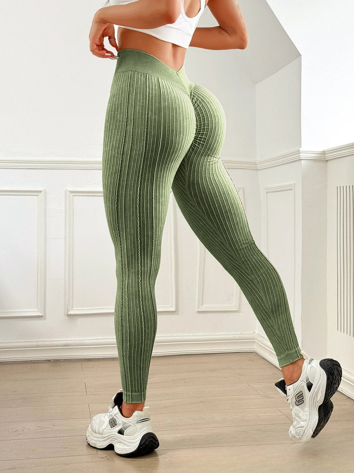 Womens Ribbed V Back Yoga Leggings High Waist Butt Lifting Stretch Pants Zippmart