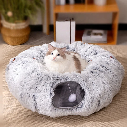 Foldable Plush Cat Tunnel Bed: Insulated Winter Cat Cave with Peek-Holes, Convertible Snuggle Pod for Indoor Cats