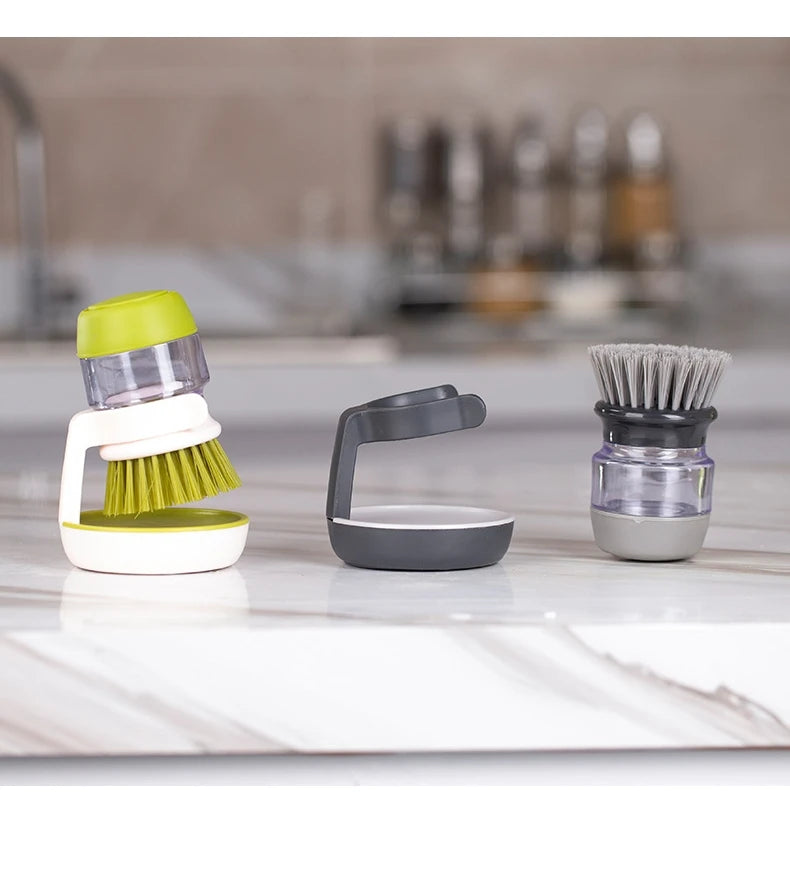 Soap Dispensing Dish Brush with Stand - Multi-Use Kitchen Scrub Palm Brush