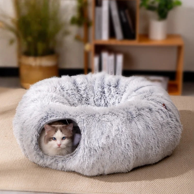 Foldable Plush Cat Tunnel Bed: Insulated Winter Cat Cave with Peek-Holes, Convertible Snuggle Pod for Indoor Cats