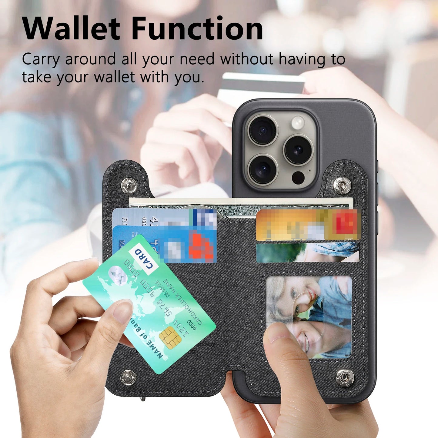 Flip Card Bag Phone Case – Zipper Wallet with Wrist Strap, Card Slots & Desk Stand
