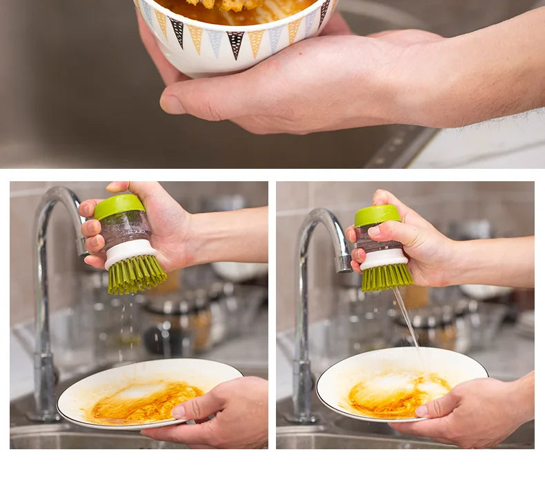 Soap Dispensing Dish Brush with Stand - Multi-Use Kitchen Scrub Palm Brush