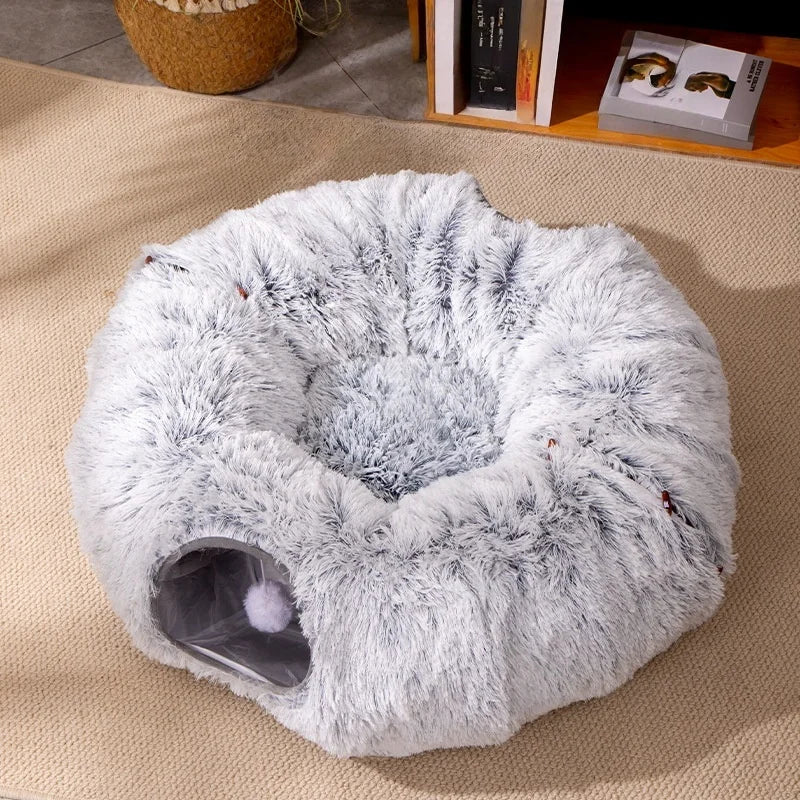 Foldable Plush Cat Tunnel Bed: Insulated Winter Cat Cave with Peek-Holes, Convertible Snuggle Pod for Indoor Cats