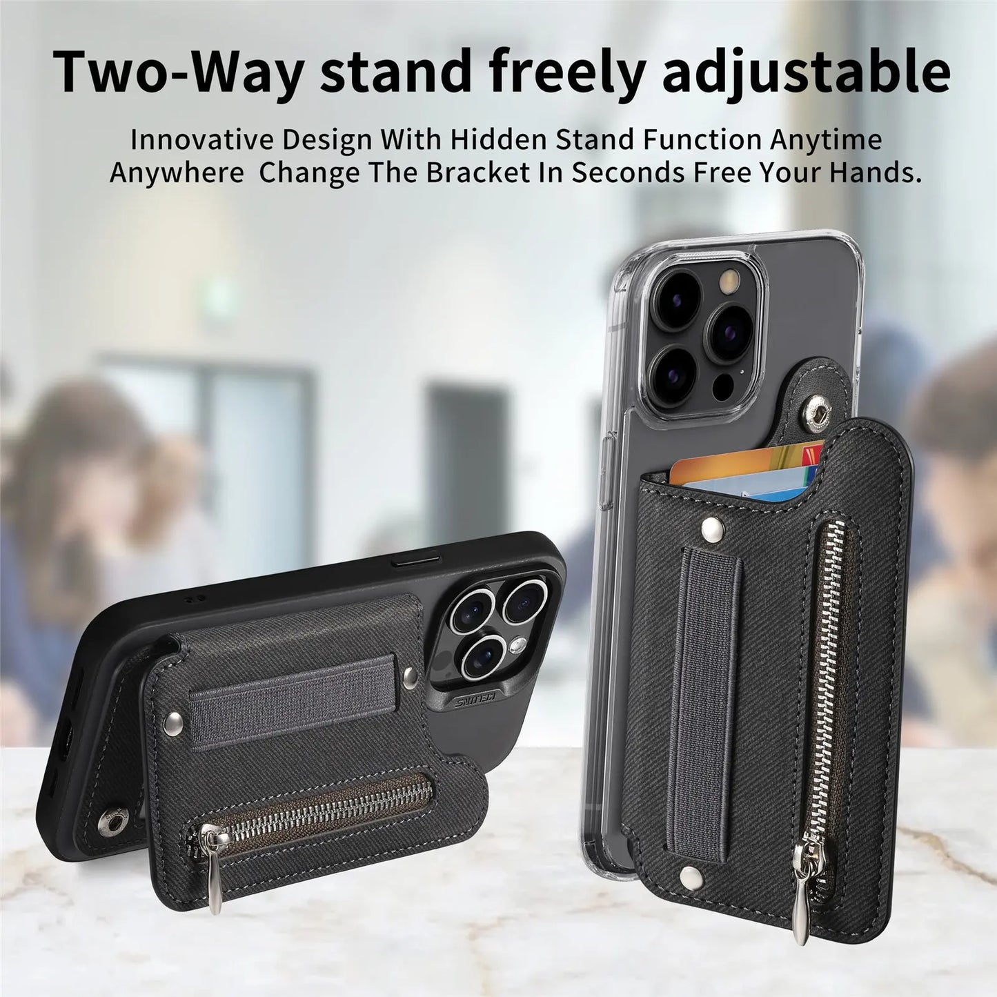 Flip Card Bag Phone Case – Zipper Wallet with Wrist Strap, Card Slots & Desk Stand