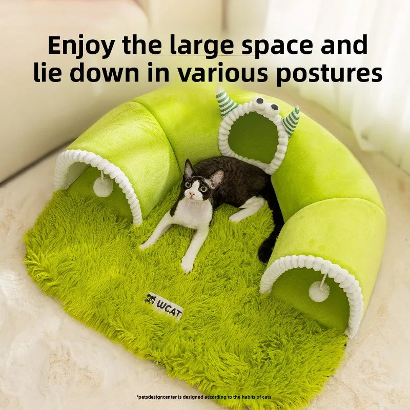 Warm Pet Playhouse 3 Caves Toy Balls - Plush Dog Cat Tunnel Bed - Interactive Puppy Kitten Play Mat for Small Pets Indoor