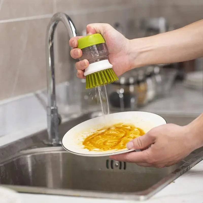 Soap Dispensing Dish Brush with Stand - Multi-Use Kitchen Scrub Palm Brush