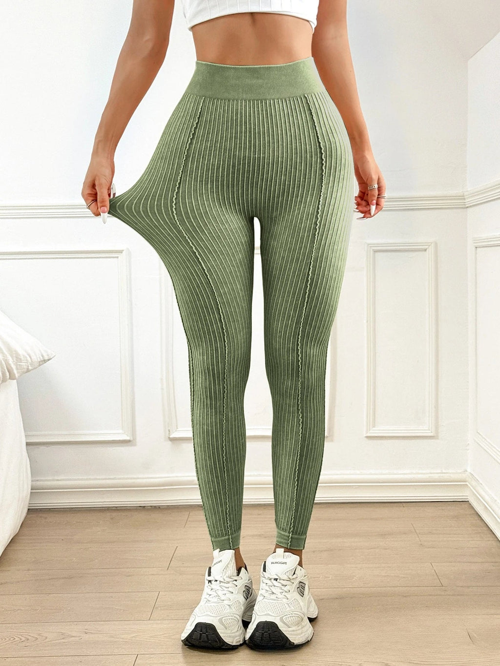 Womens Ribbed V Back Yoga Leggings High Waist Butt Lifting Stretch Pants Zippmart