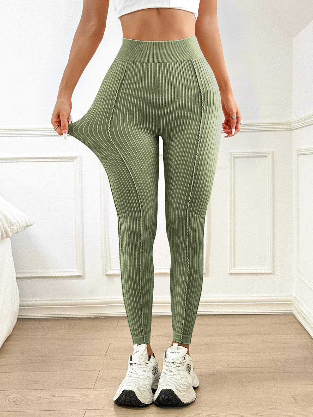 Womens Ribbed V Back Yoga Leggings High Waist Butt Lifting Stretch Pants Zippmart