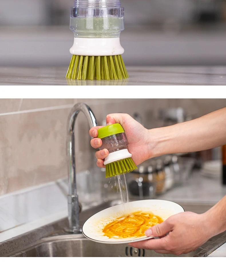 Soap Dispensing Dish Brush with Stand - Multi-Use Kitchen Scrub Palm Brush