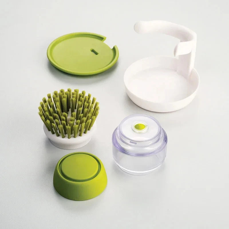Soap Dispensing Dish Brush with Stand - Multi-Use Kitchen Scrub Palm Brush