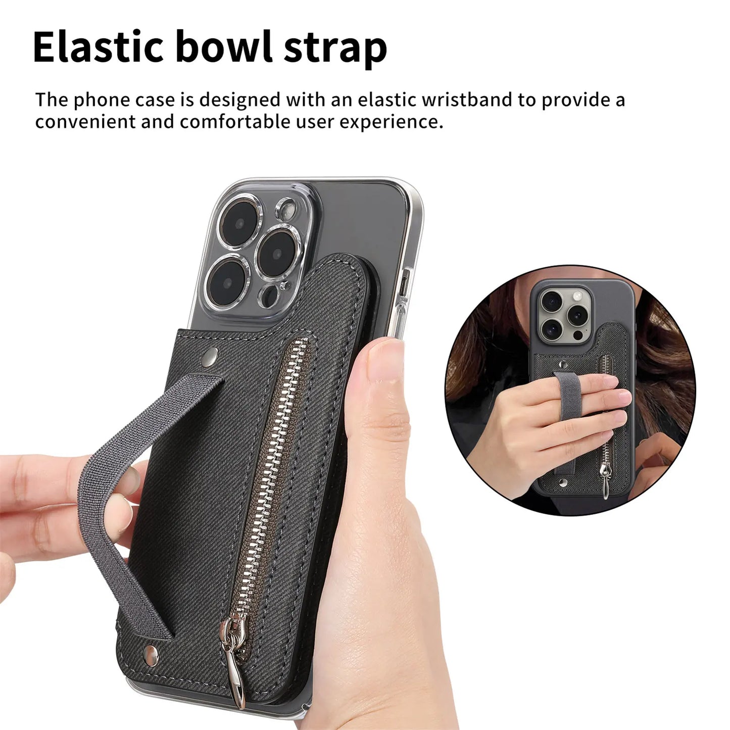 Flip Card Bag Phone Case – Zipper Wallet with Wrist Strap, Card Slots & Desk Stand