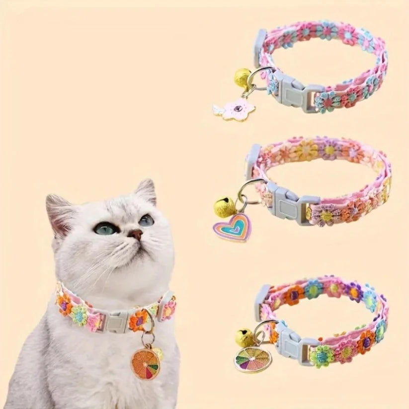 Fashion Rainbow Flower Cat Collar With Bell Kitten Puppy Necklace Adjustable Buckle Colorful Lace Kitten Collar Dog Accessories