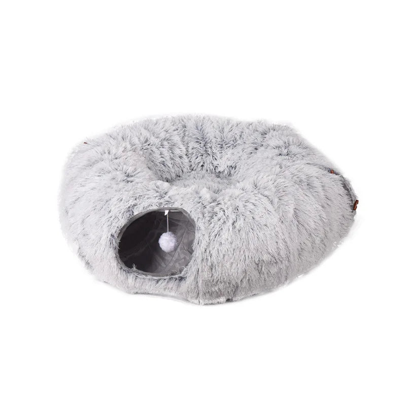 Foldable Plush Cat Tunnel Bed: Insulated Winter Cat Cave with Peek-Holes, Convertible Snuggle Pod for Indoor Cats