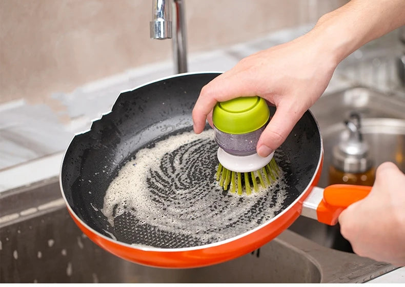 Soap Dispensing Dish Brush with Stand - Multi-Use Kitchen Scrub Palm Brush