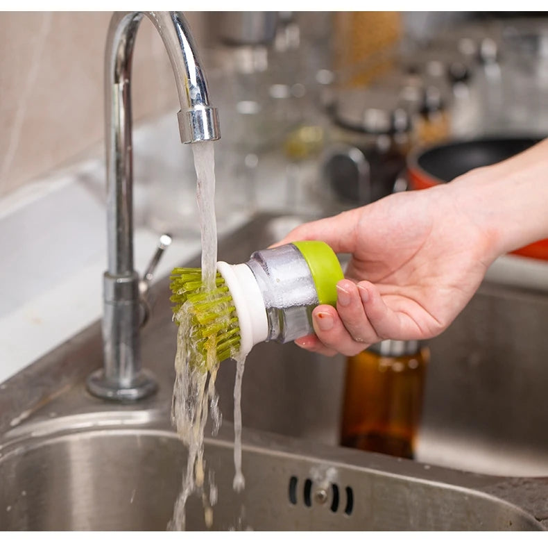Soap Dispensing Dish Brush with Stand - Multi-Use Kitchen Scrub Palm Brush