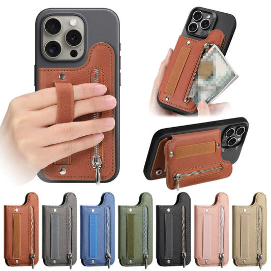 Flip Card Bag Phone Case – Zipper Wallet with Wrist Strap, Card Slots & Desk Stand