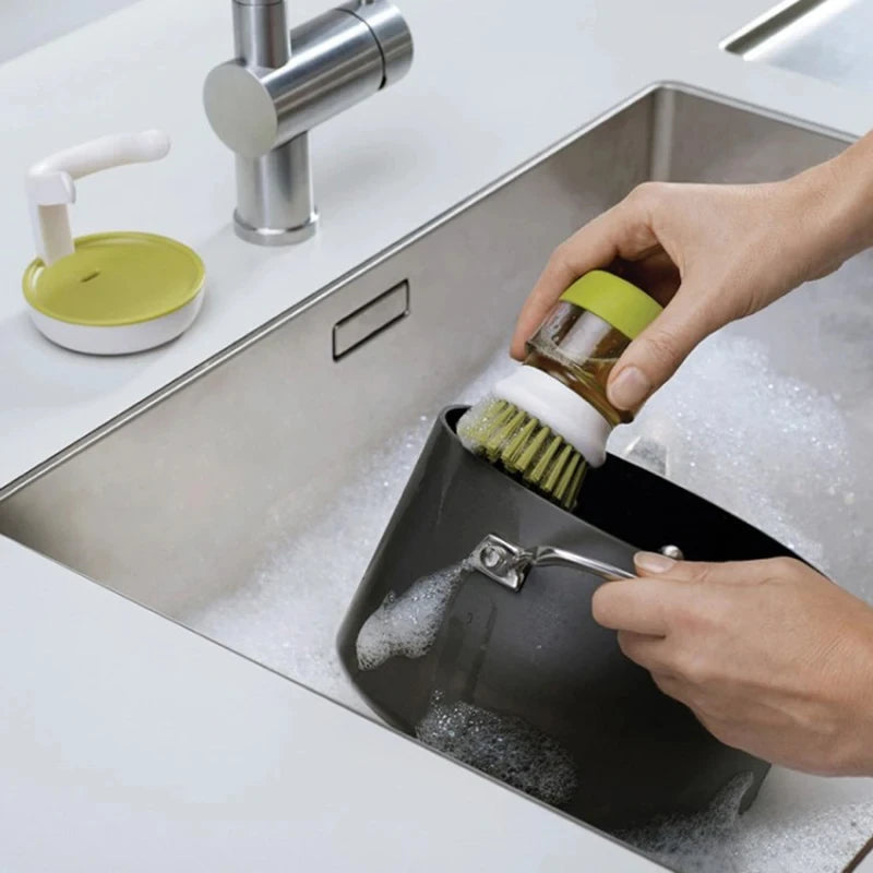 Soap Dispensing Dish Brush with Stand - Multi-Use Kitchen Scrub Palm Brush