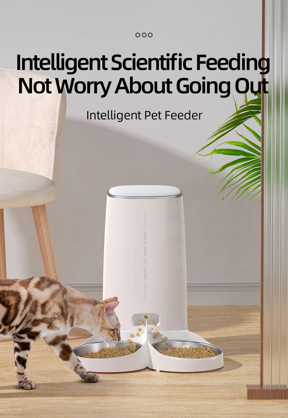 ROJECO Automatic Cat Feeder Pet Smart Cat Food Kibble Dispenser Remote Control Auto WiFi Double Feeder For Cats Dog Accessories