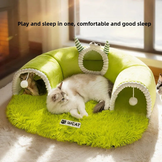 Warm Pet Playhouse 3 Caves Toy Balls - Plush Dog Cat Tunnel Bed - Interactive Puppy Kitten Play Mat for Small Pets Indoor