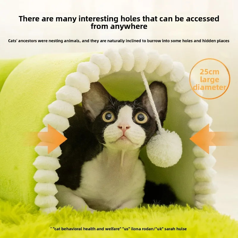 Warm Pet Playhouse 3 Caves Toy Balls - Plush Dog Cat Tunnel Bed - Interactive Puppy Kitten Play Mat for Small Pets Indoor